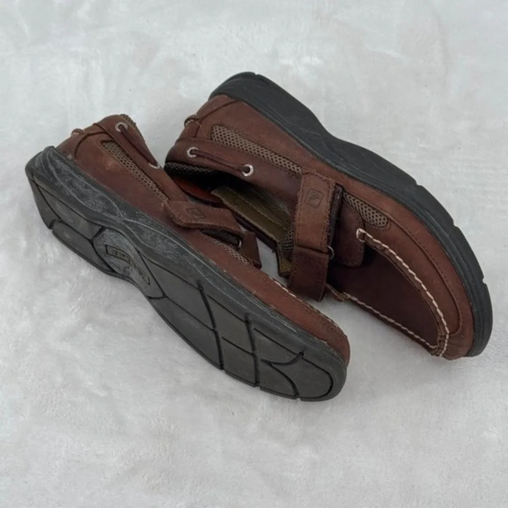 Sperry Top Sider Boys Brown Leather Boat Shoes Youth Size 3 Easy No Tie straps